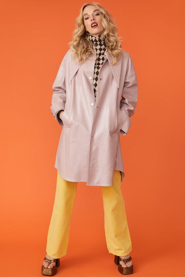 Baby Pink Oversized Faux Suede Leather Trench Coat with Exaggerated Collar-0