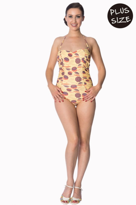 Banned Apparel - Cream Parasol Ruching Swimsuit Plus Size