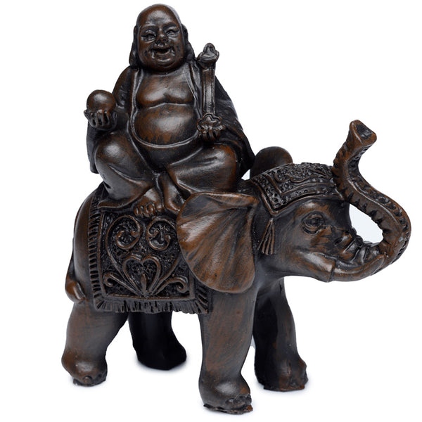 Peace of the East Brushed Wood Effect Lucky Buddha on Elephant BUD372-0