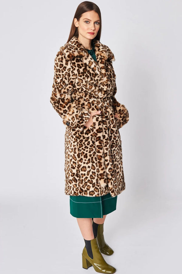 Mocha Faux Fur Leopard Print Maxi Coat-0