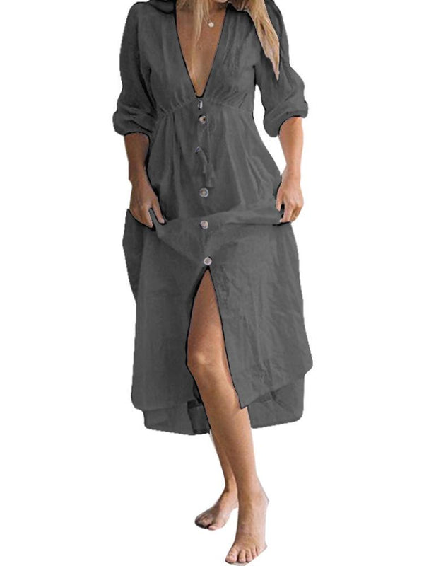 Women Solid Color 3/4 Sleeve V Neck Maxi Long Shirt Dress SALE