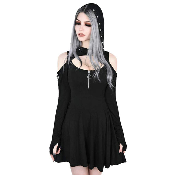 Topassion Gothic Black Hooded Dress