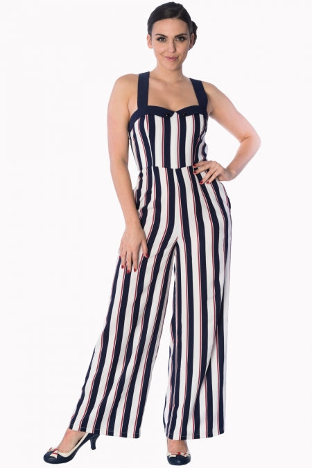 Banned Apparel - Navy/Red/White Stripes Set Sail Playsuit