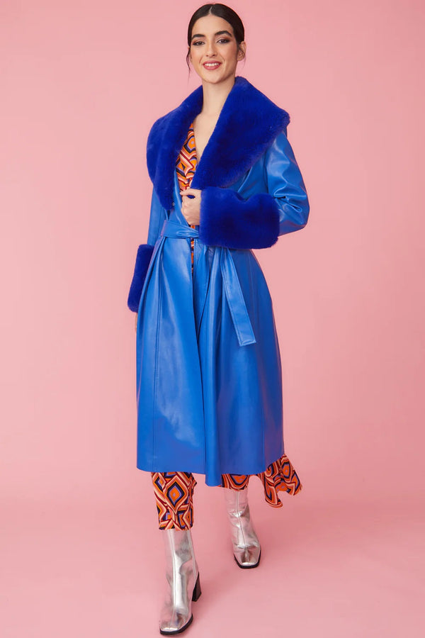 Blue Faux Leather Trench Coat with Faux Fur Collar and Cuffs-0
