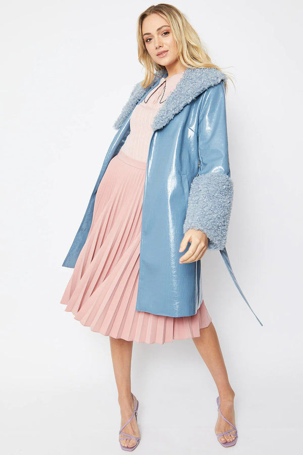 Blue Faux Leather Trench Coat with Faux Shearling Collar and Cuffs-0