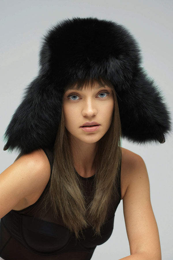 Black Genuine Arctic Fox Fur Hat-0
