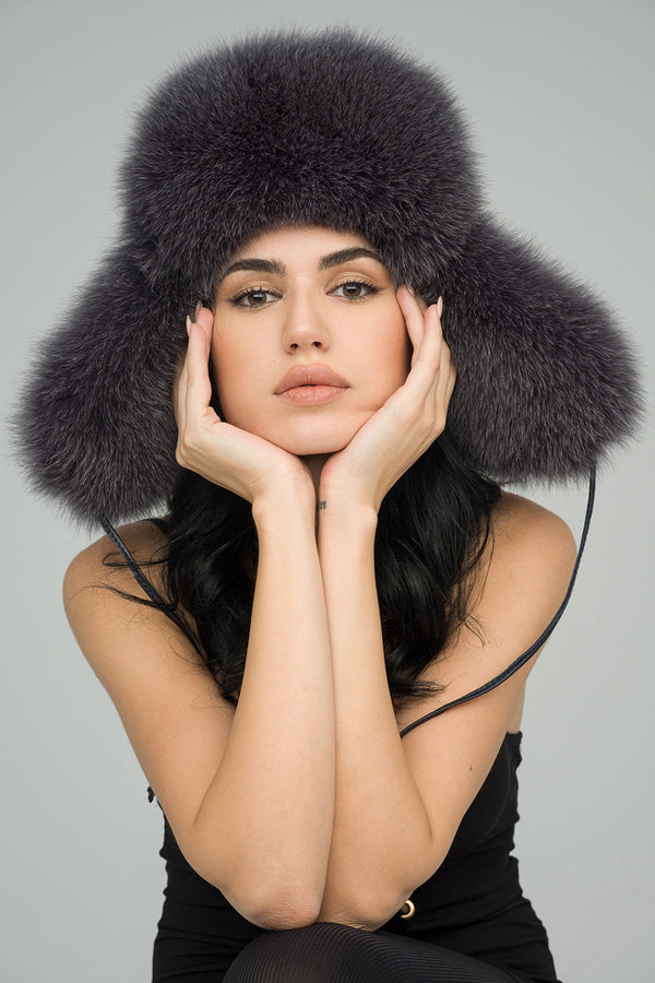 Gray Genuine Arctic Fox and Mink Fur Hat-0