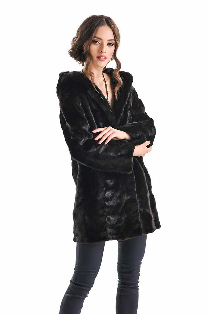 Dark Brown Hooded Genuine Mink Fur Coat with Leather Belt-2