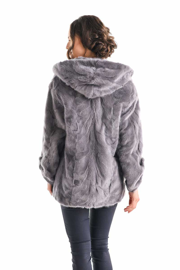 Gray Hooded Genuine Mink Fur Coat with Leather Belt-1