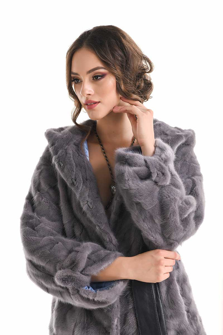 Gray Hooded Genuine Mink Fur Coat with Leather Belt-2
