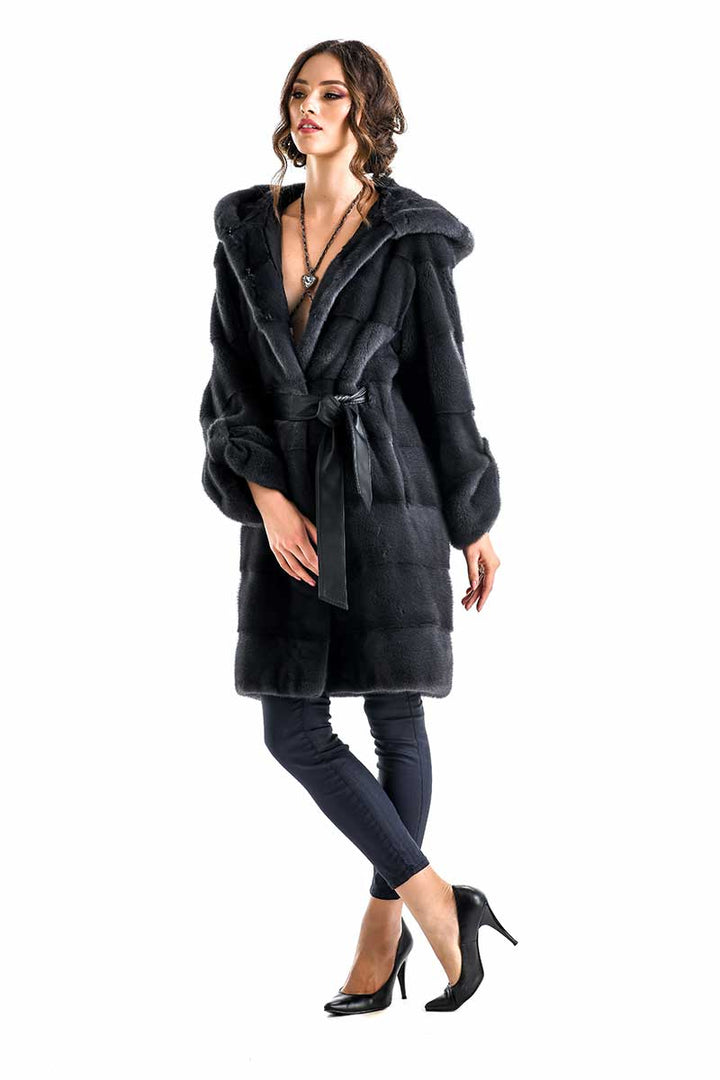 Anthracite Elegant Genuine Mink Fur Hooded Coat-2