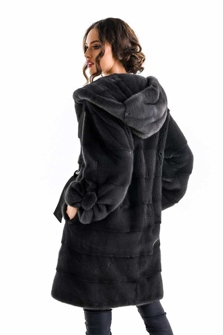 Anthracite Elegant Genuine Mink Fur Hooded Coat-1
