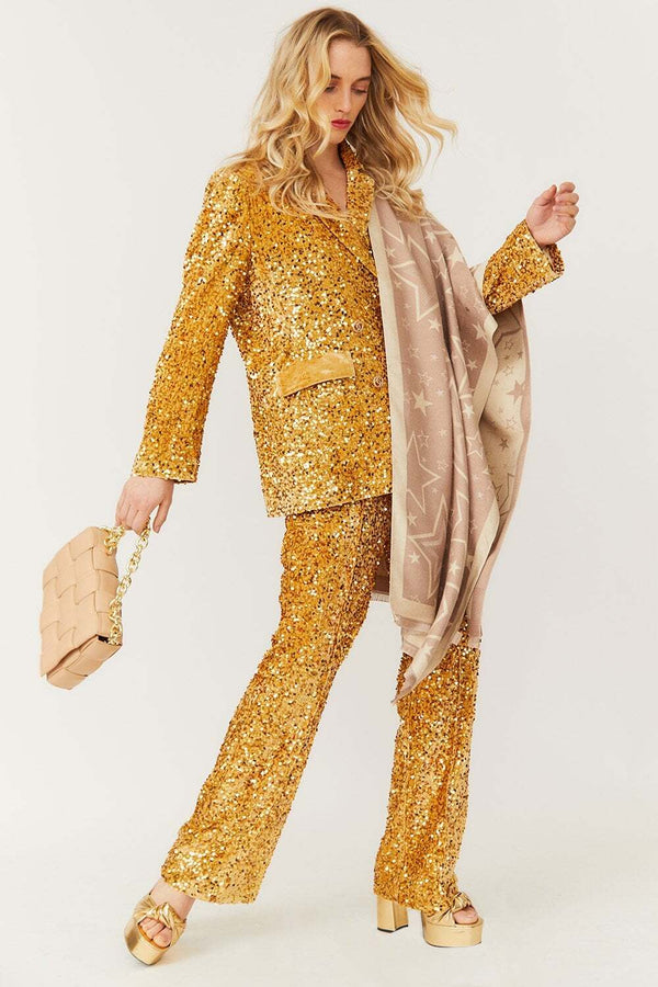 Gold Sequin Flared Trousers-0