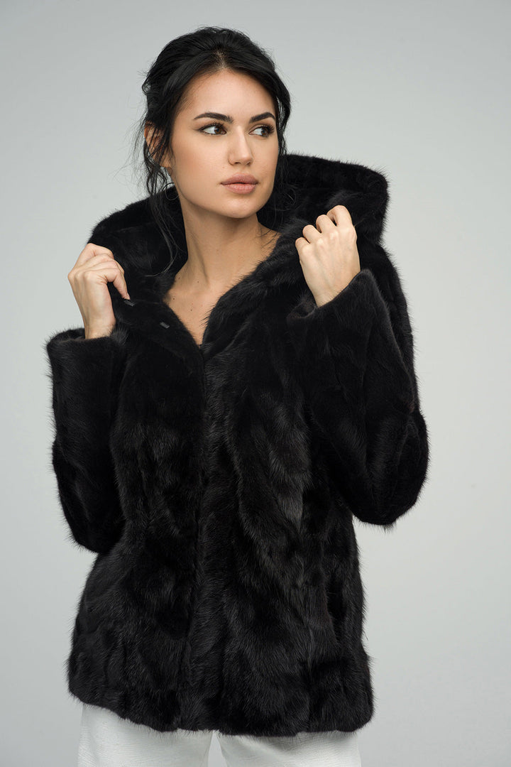 Black Genuine Hooded Mink Fur Coat-2