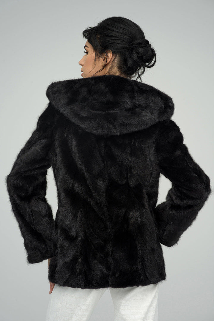 Black Genuine Hooded Mink Fur Coat-1