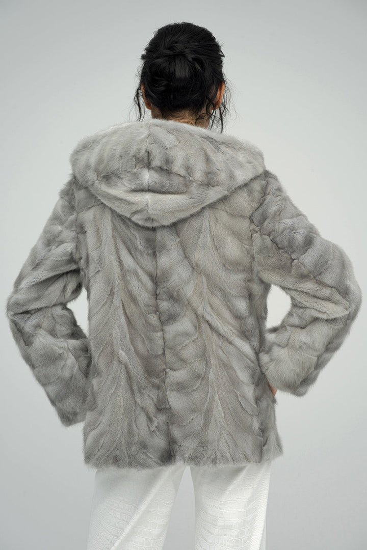 Gray Genuine Hooded Mink Fur Coat-1