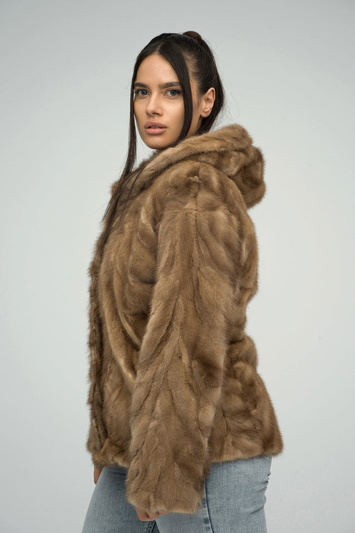 Taupe Genuine Hooded Mink Fur Coat-1