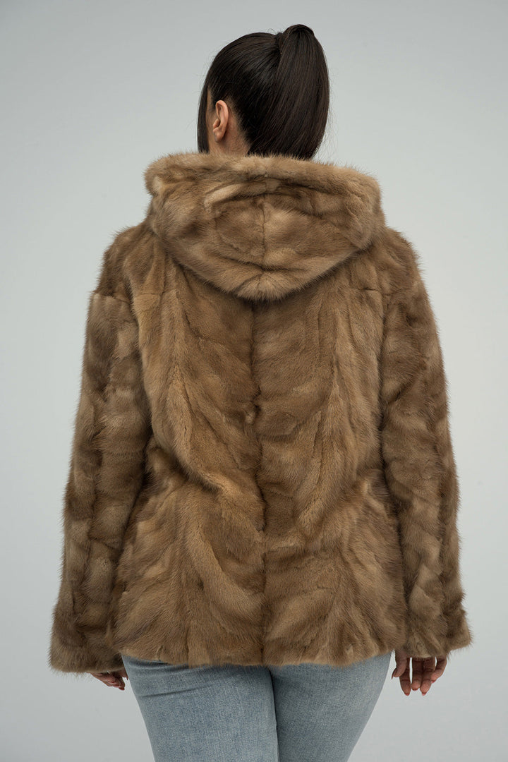 Taupe Genuine Hooded Mink Fur Coat-2