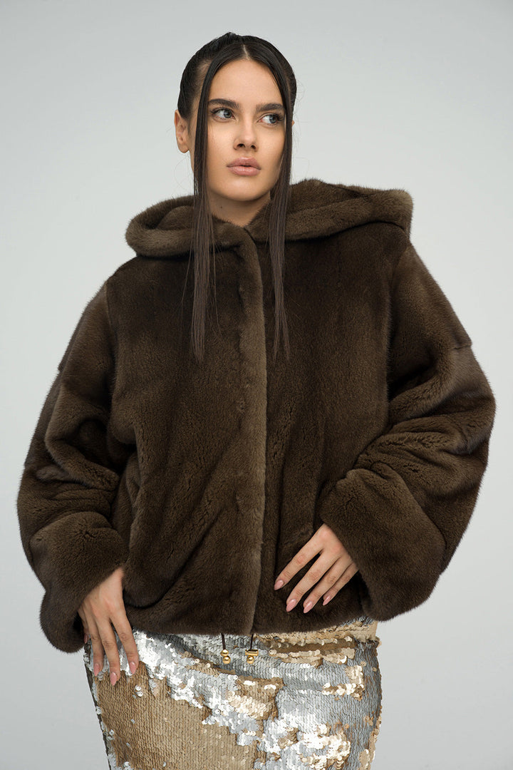 Brown Fluffy Hooded Mink Fur Coat-2