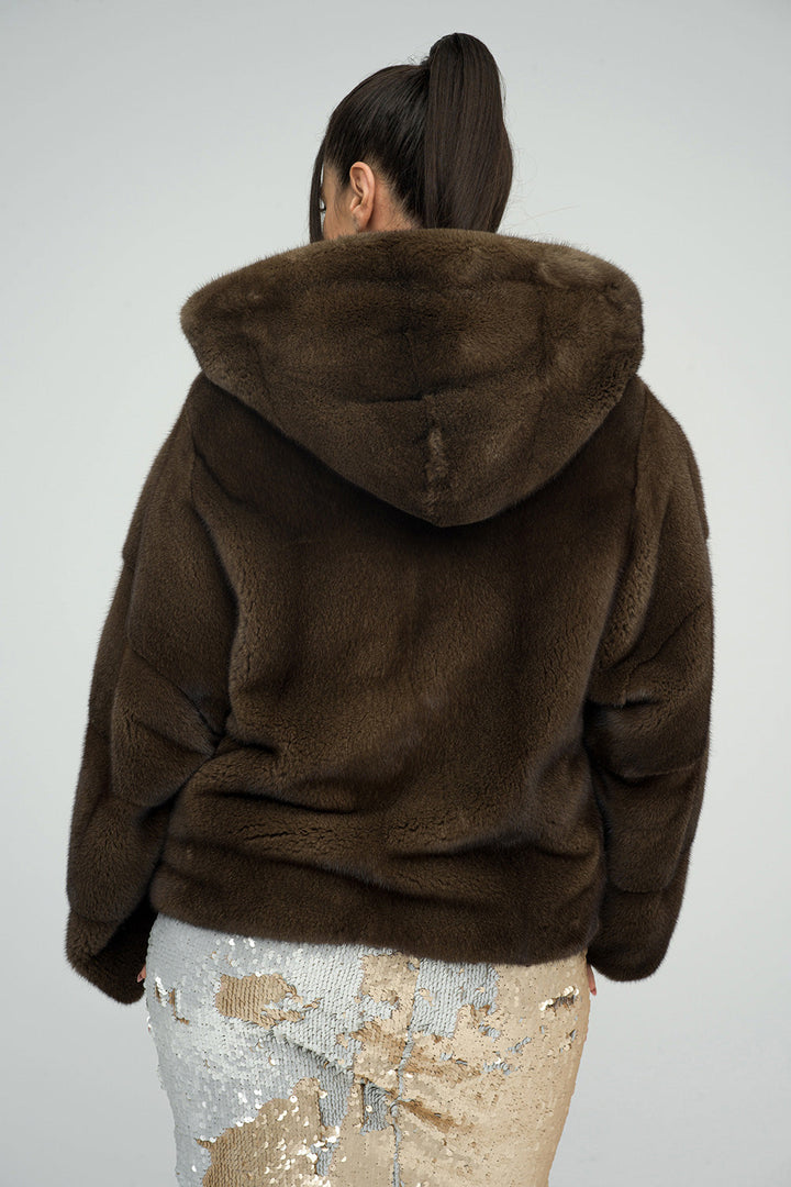 Brown Fluffy Hooded Mink Fur Coat-1