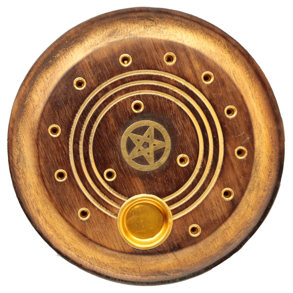 Decorative Round Pentagram Wooden Incense Burner Ash Catcher IF225