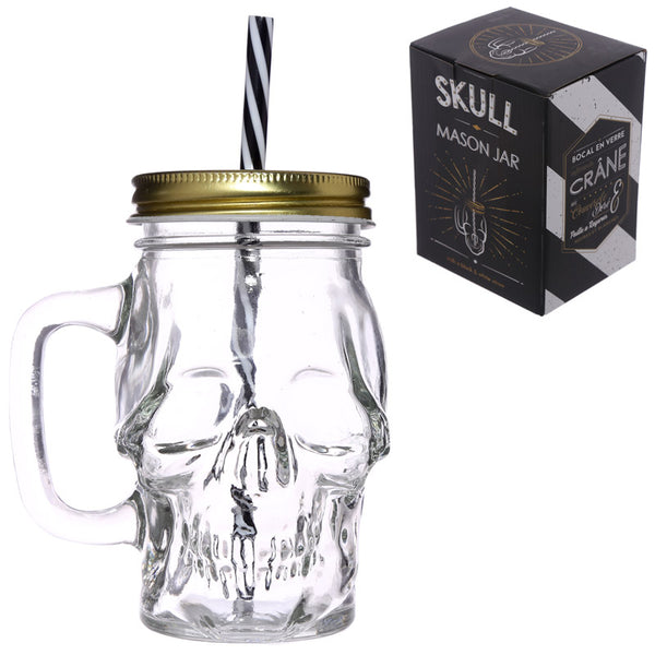 Glass Drinking Jar with Lid & Straw - Skull Shaped JAR29