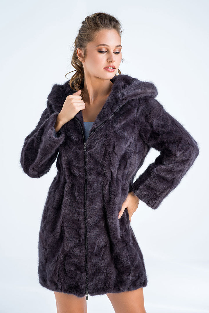 Gray Natural Hooded Mink Fur Coat-2