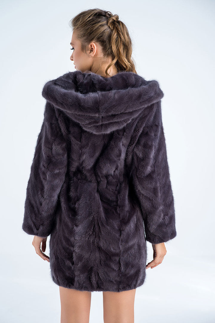 Gray Natural Hooded Mink Fur Coat-1