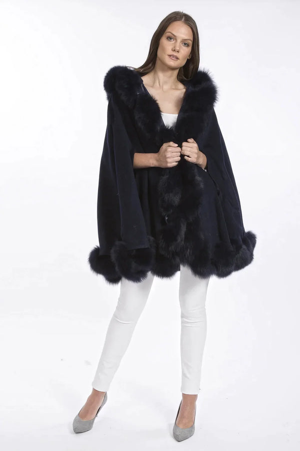 Navy Cashmere Hooded and Fox Fur Cape Coat-0