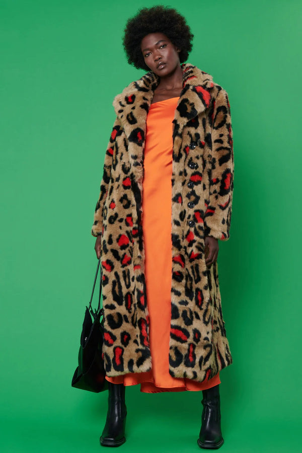 Red Faux Fur Leopard Print Maxi Coat-0
