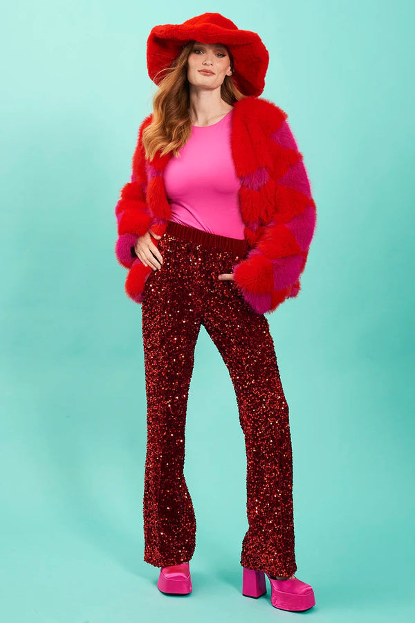 Red Sequin Flared Trousers-0