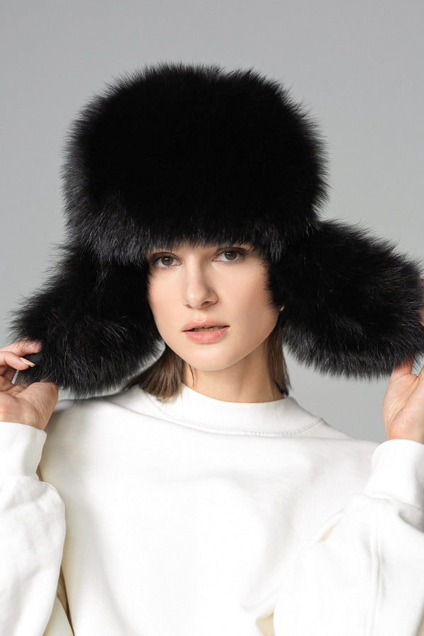 Black Genuine Arctic Fox Fur Sheepskin Hat-0
