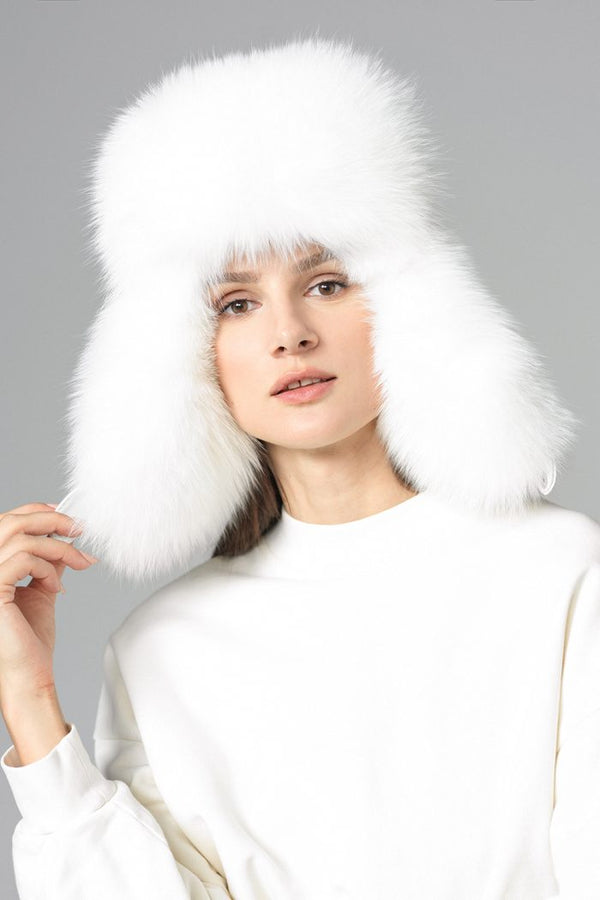 White Genuine Arctic Fox Fur Sheepskin Hat-0