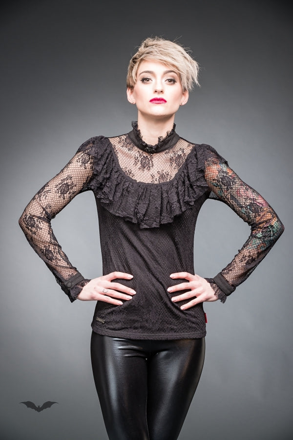 Queen of Darkness - Turtleneck shirt with ruching and lace