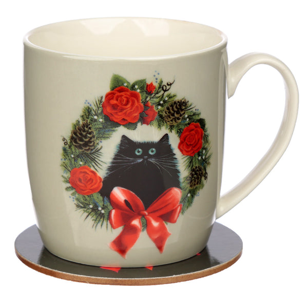 Christmas Porcelain Mug & Coaster Set - Kim Haskins Christmas Wreath Cat XMUGC14