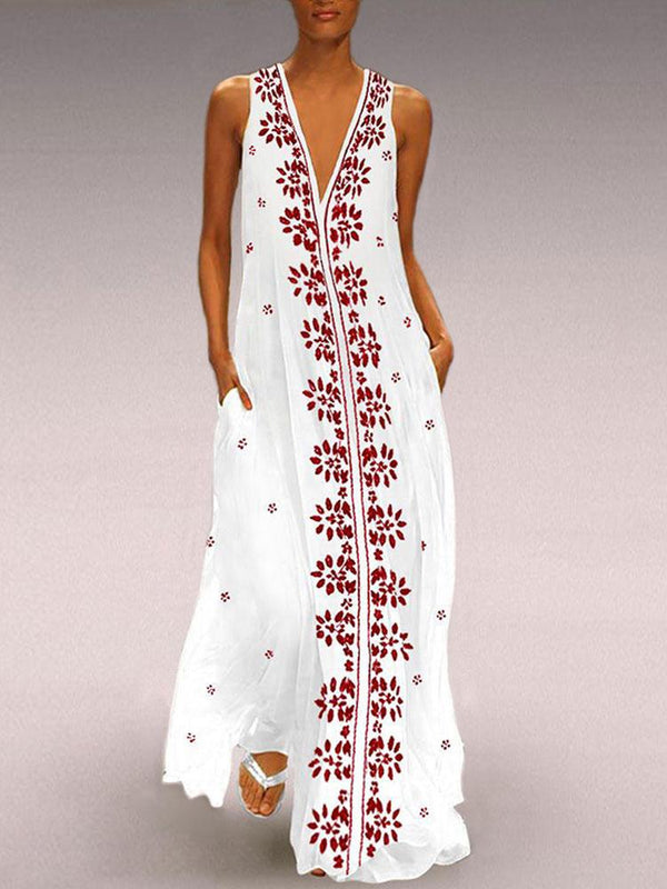 Vonda - Women's Casual V Neck Sleeveless Floral Print Long Maxi Dress SALE
