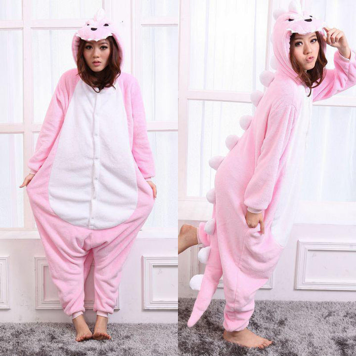 Mengshufen - Pink Dinosaur Animal Style Flannel Jumpsuit Pyjamas - Egg n Chips London
