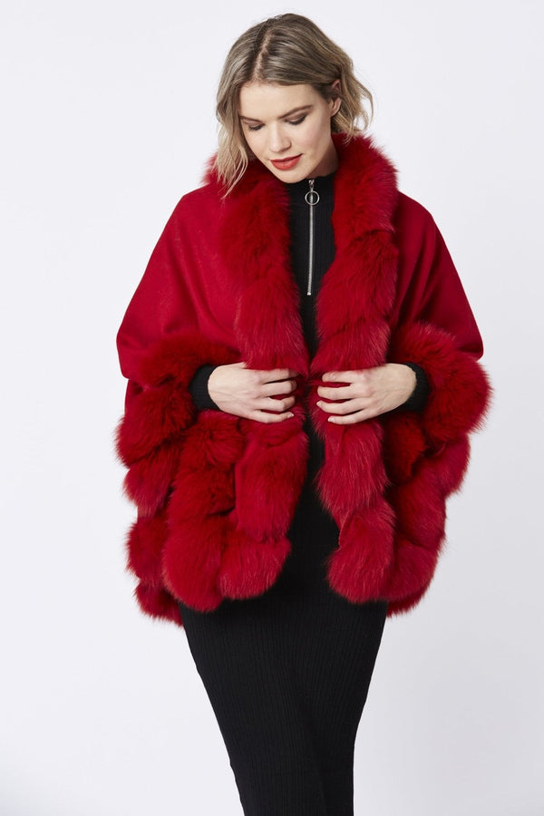 Red Evelyn Cashmere Cape with Fox Fur Trim-0