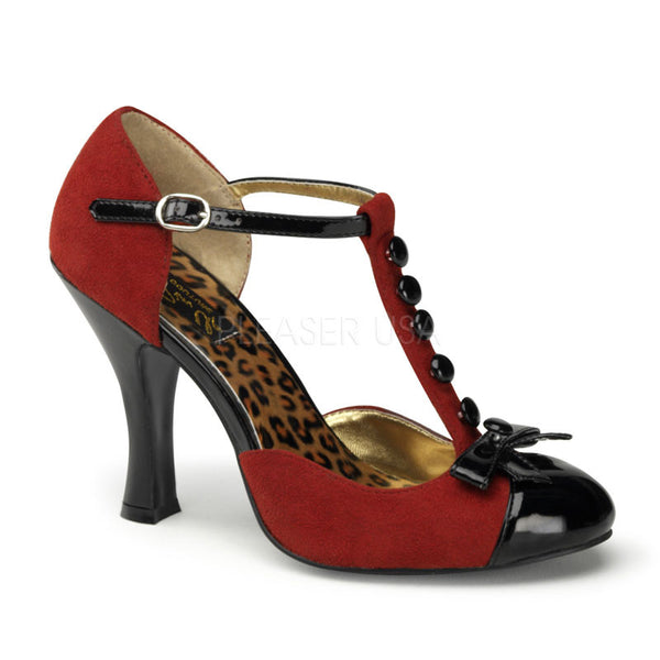 Pin Up Couture - Smitten Red Microsuede-Black Patent T-Strap Peep Toe Heels - Egg n Chips London