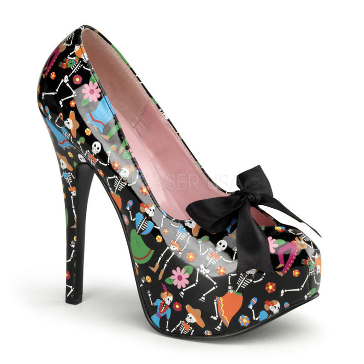Pin Up Couture - Teeze Black Patent Platform Pump with Muertos Print - Egg n Chips London